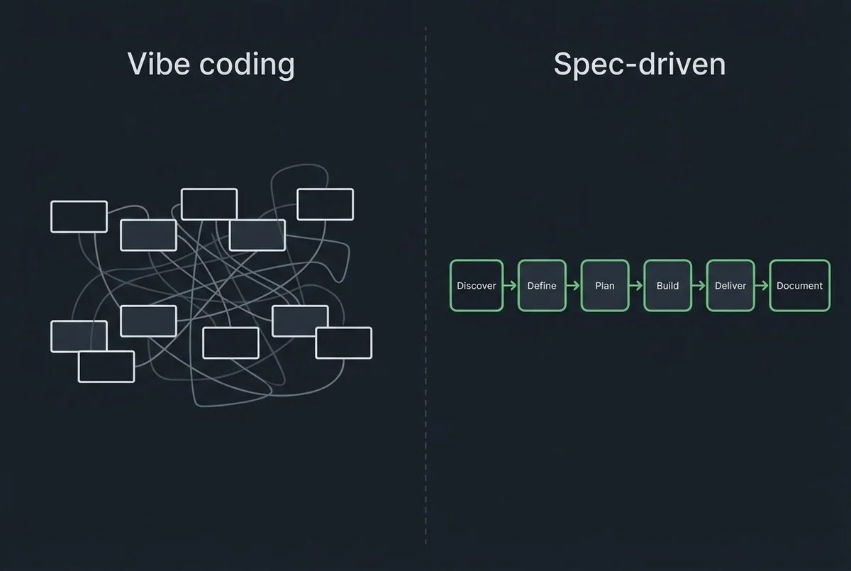 A side-by-side comparison: vibe coding as a tangle of crossing arrows on the left, versus spec-driven as a clean Discover, Define, Plan, Build, Deliver, Document pipeline on the right.