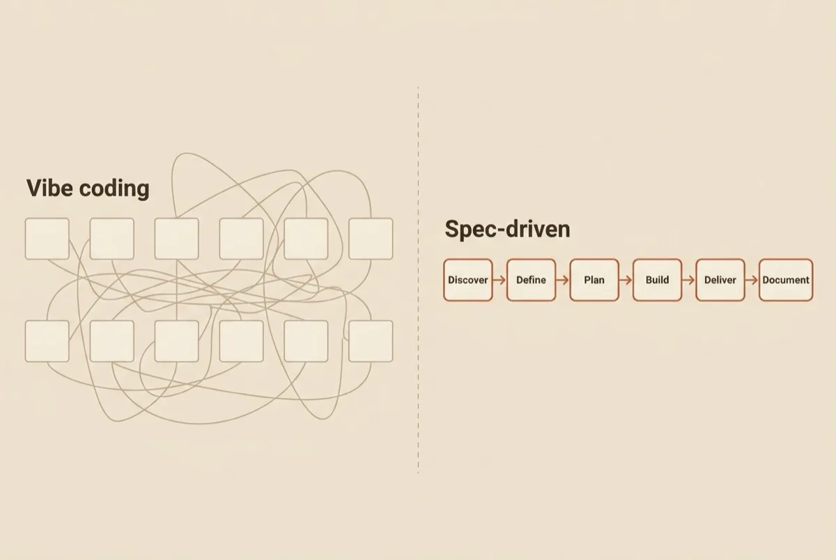 A side-by-side comparison: vibe coding as a tangle of crossing arrows on the left, versus spec-driven as a clean Discover, Define, Plan, Build, Deliver, Document pipeline on the right.